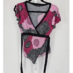 Vintage Y2K Tempted Hearts Womens Sz M V Neck Blouse Pink Floral Empire Waist